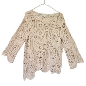 Womens Open Knit Crochet Paisley Sweater Large Cottagecore Oatmeal Boho